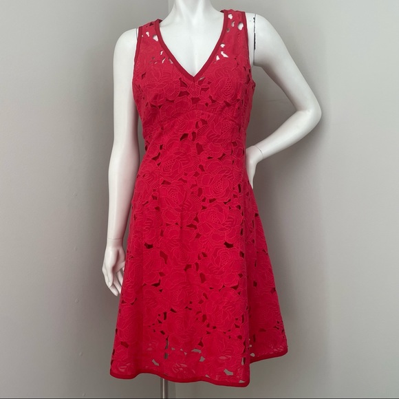 NANETTE LEPORE Red Lace Appliqué A-Line Fit & Flare V-Neck Dress - Picture 1 of 11